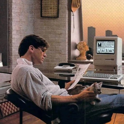 A builder at a Macintosh, with a cat on the lap