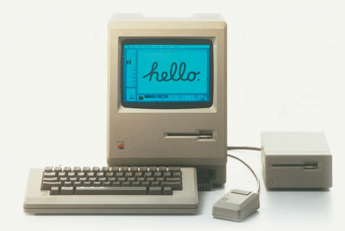 Macintosh 128K with hello on the screen